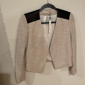 Alice + Olivia Tweed Cream Black Leather Idris Blazer 4
